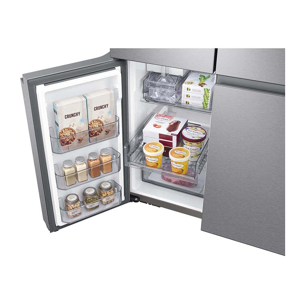 Samsung 649L French Door Refrigerator SRF7300SA, Bottom single door open, full of food items, and jars