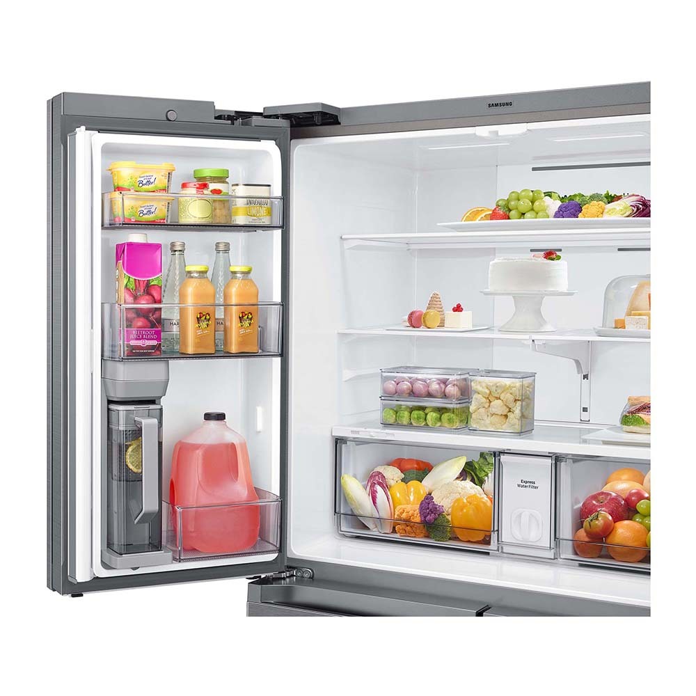 Samsung 649L French Door Refrigerator SRF7300SA, Top open, full of food items and bottles