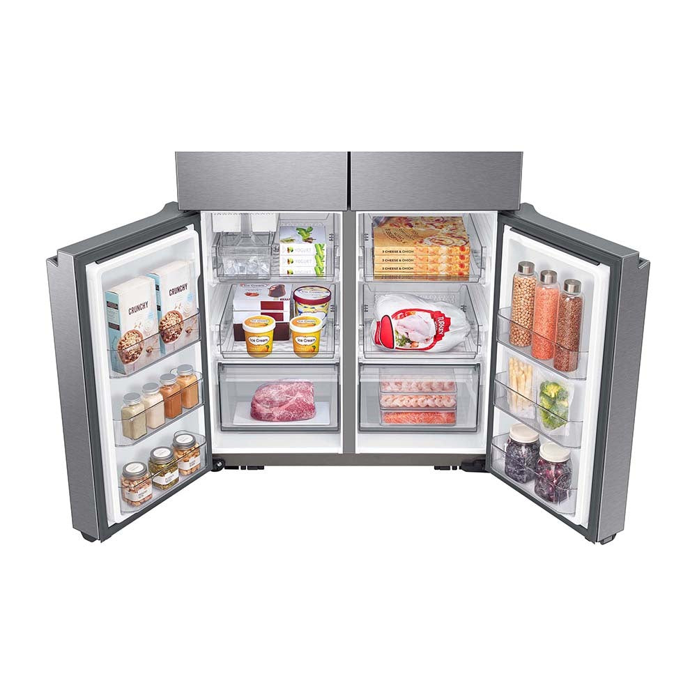 Samsung 649L French Door Refrigerator SRF7300SA, Bottom open, full of food items, and bottles