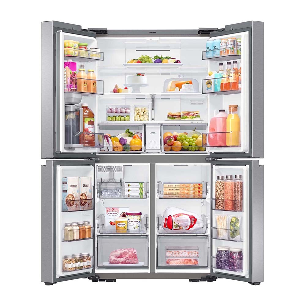 Samsung 649L French Door Refrigerator SRF7300SA, Front view with doors open, full of food items, and bottles