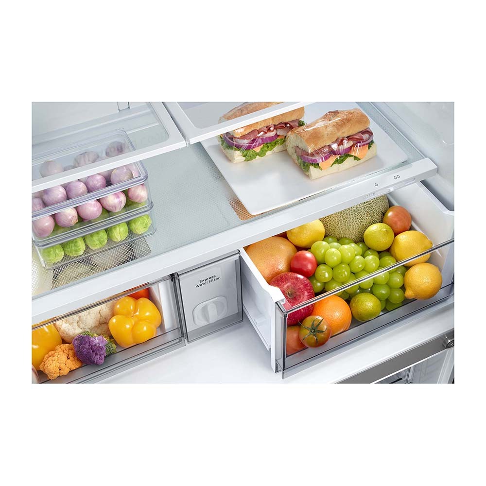 Samsung 649L French Door Refrigerator SRF7300SA, Glass shelf and vegetable crisper drawer view, full of vegetables and fruits