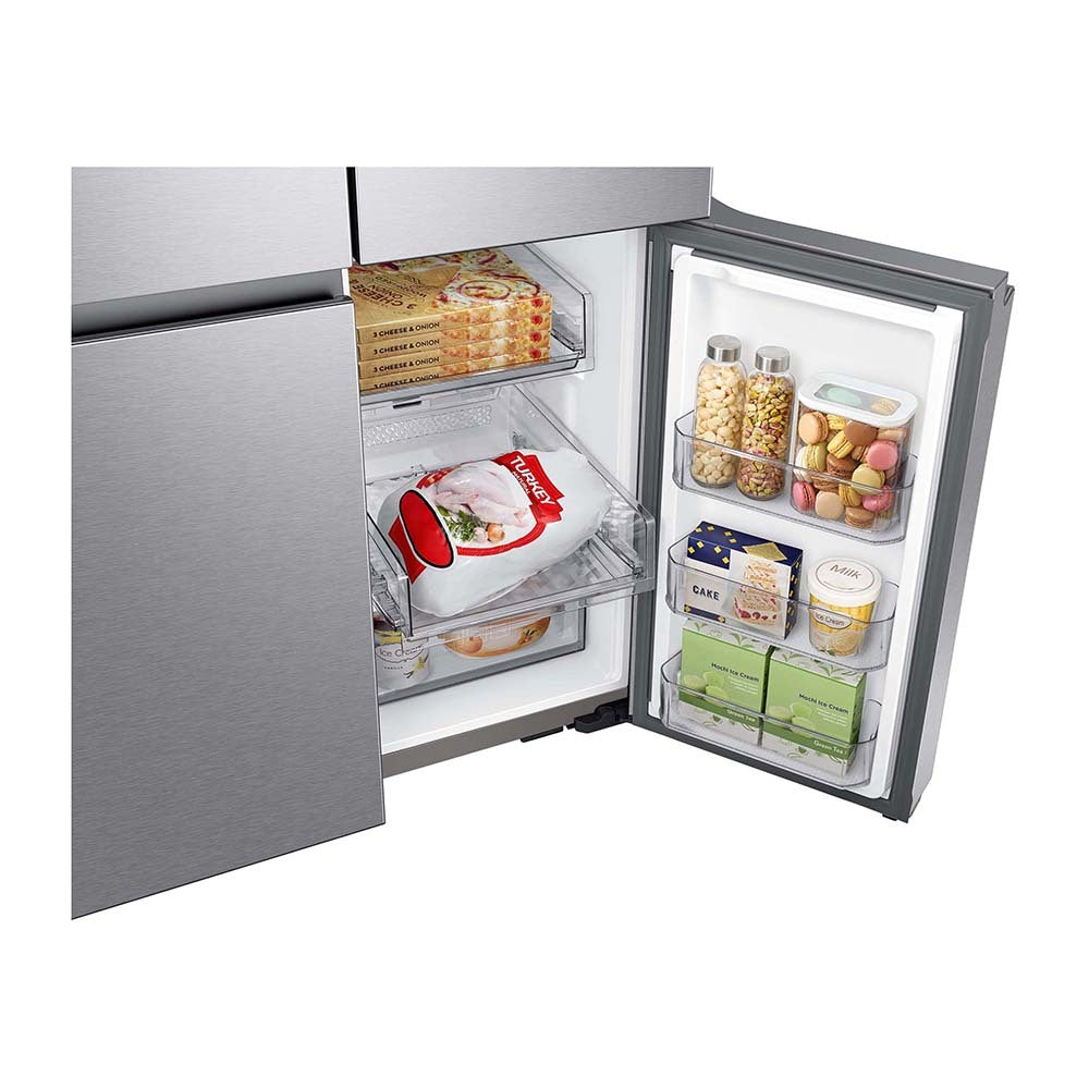 Samsung 649L French Door Refrigerator SRF7300SA, Bottom single door open, full of food items, and bottles