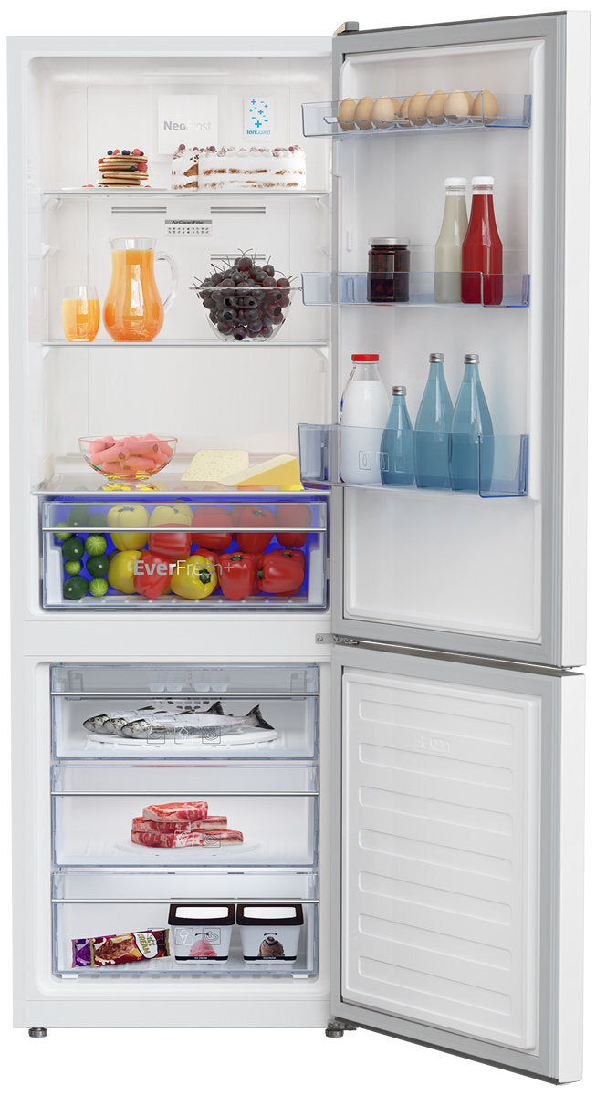 Beko 335L Bottom Mount Fridge White BBM335W, Front view with doors open, full of food items, and bottles