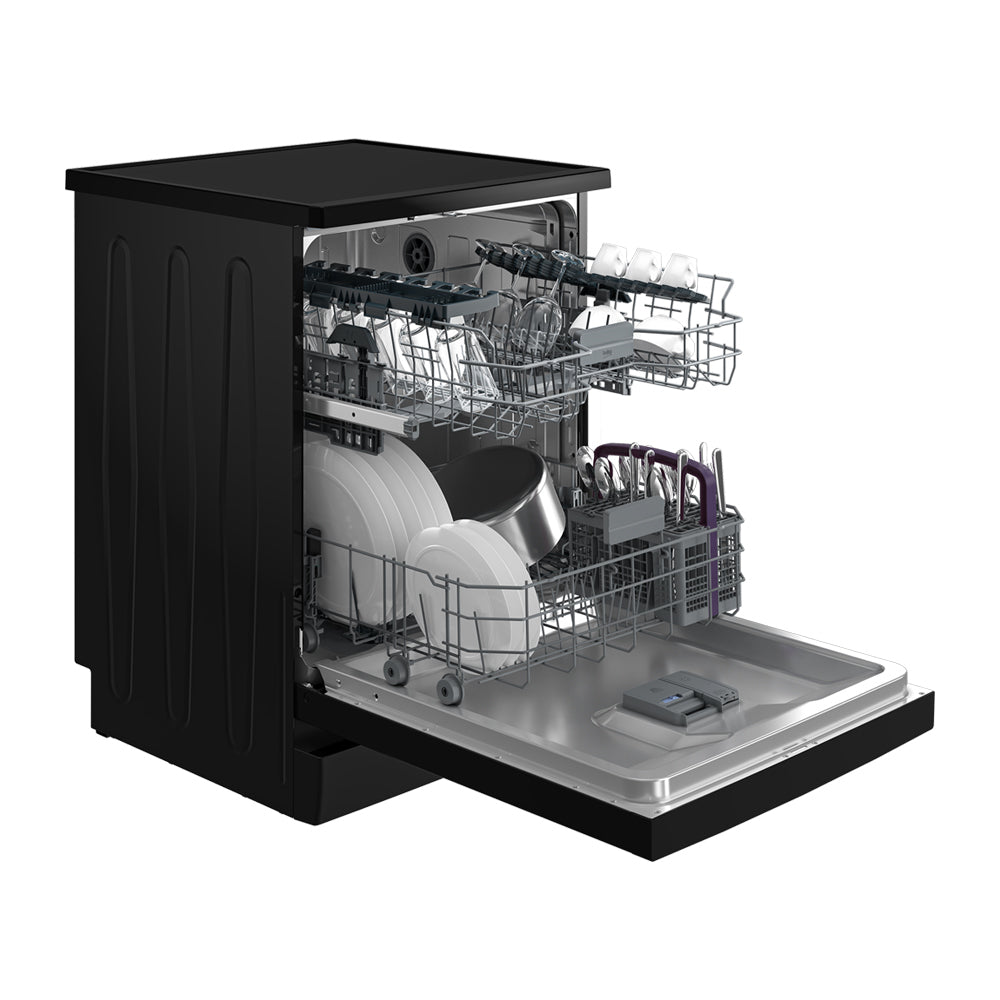 Beko BDFB1430B 14 Place Freestanding Dishwasher Black, Front right view, door open with cutleries