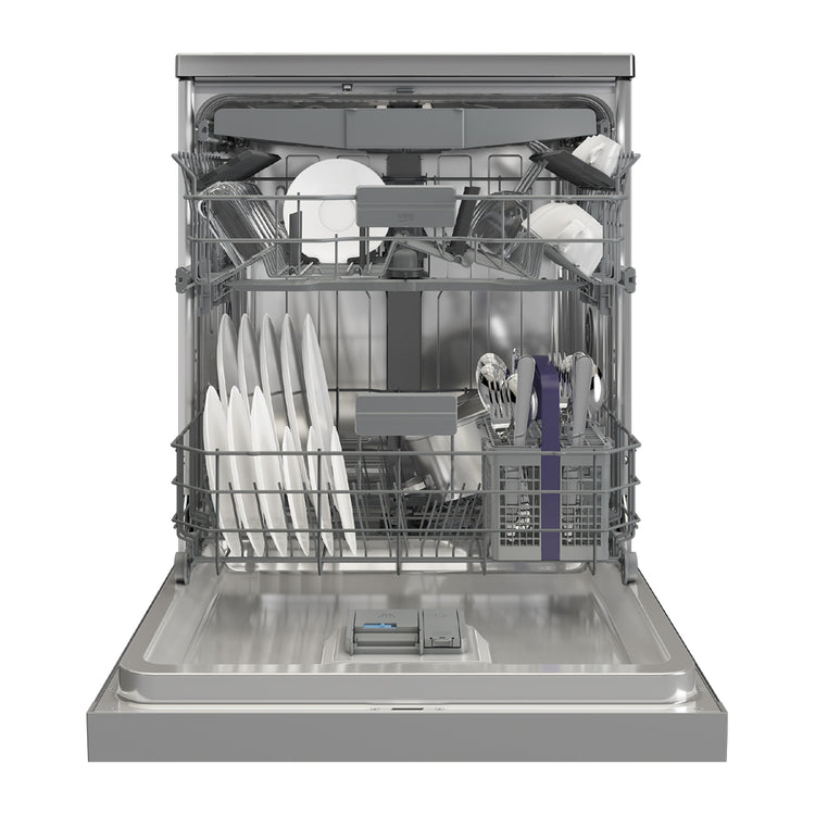 Beko BDFB1630X 16 Place Freestanding Dishwasher Stainless Steel, Front view, door open with cutleries