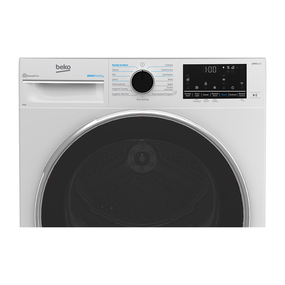 Beko 8kg Heat Pump Dryer with Steam BDPB802SW, Panel perspective view