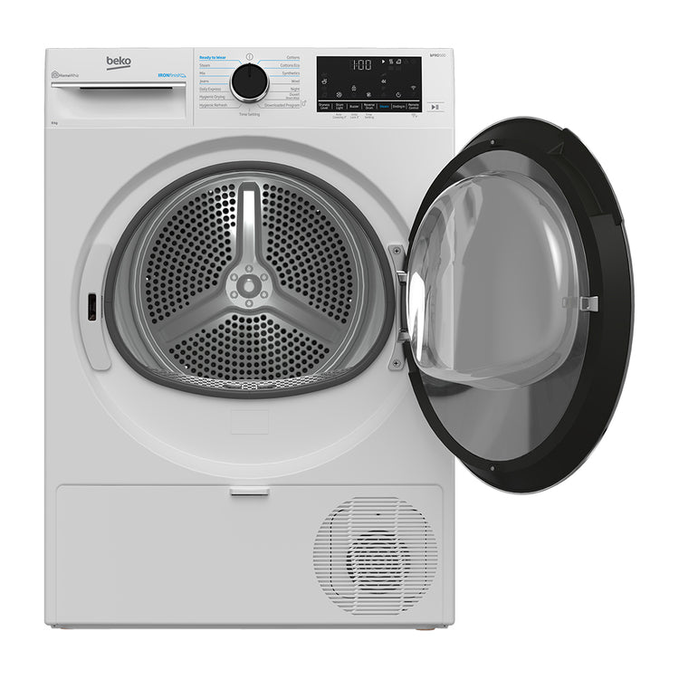 Beko 8kg Heat Pump Dryer with Steam BDPB802SW, Front view with door open