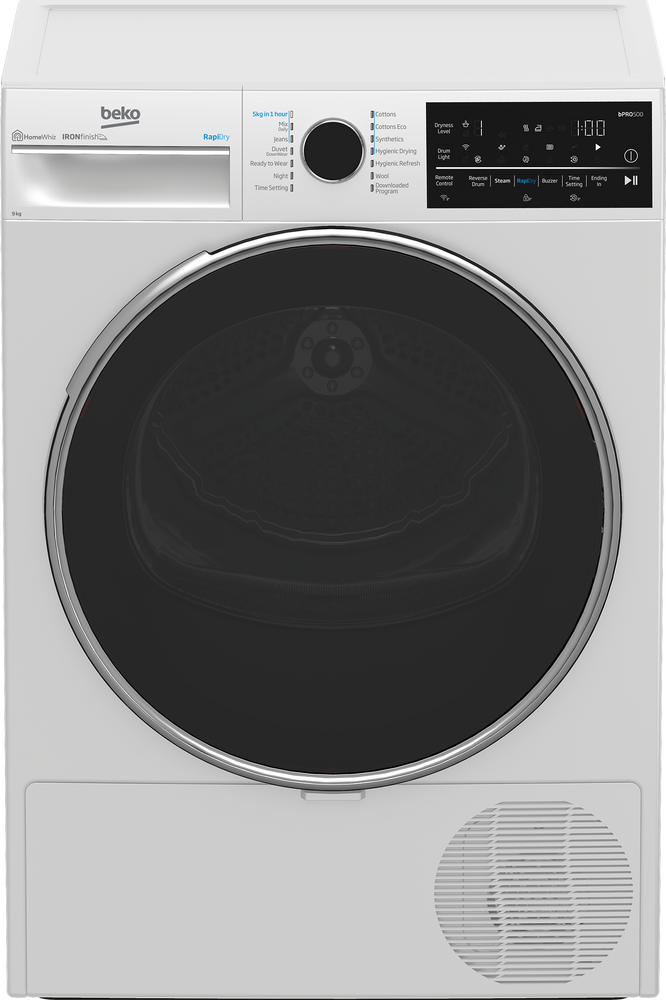 Beko 9kg Sensor Controlled WiFi Connected Hybrid Heat Pump Dryer with Steam BDPB904HW, Front view