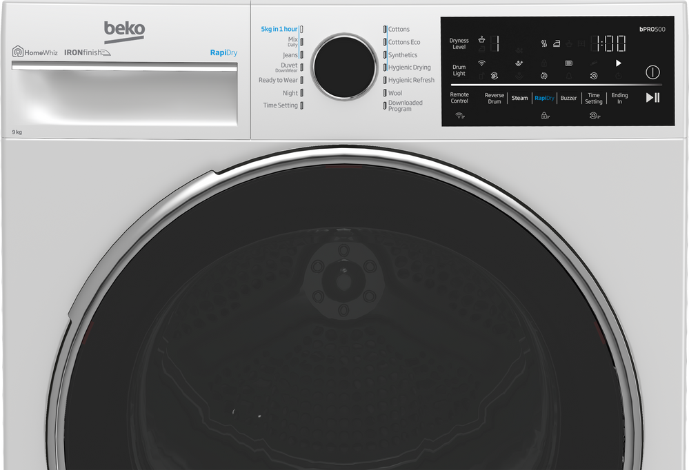 Beko 9kg Sensor Controlled WiFi Connected Hybrid Heat Pump Dryer with Steam BDPB904HW, Panel perspective view