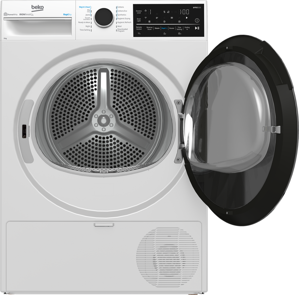 Beko 9kg Sensor Controlled WiFi Connected Hybrid Heat Pump Dryer with Steam BDPB904HW, Front view with door open