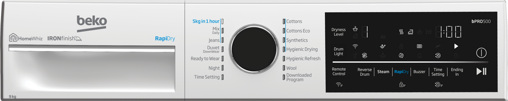 Beko 9kg Sensor Controlled WiFi Connected Hybrid Heat Pump Dryer with Steam BDPB904HW, Panel perspective view 2