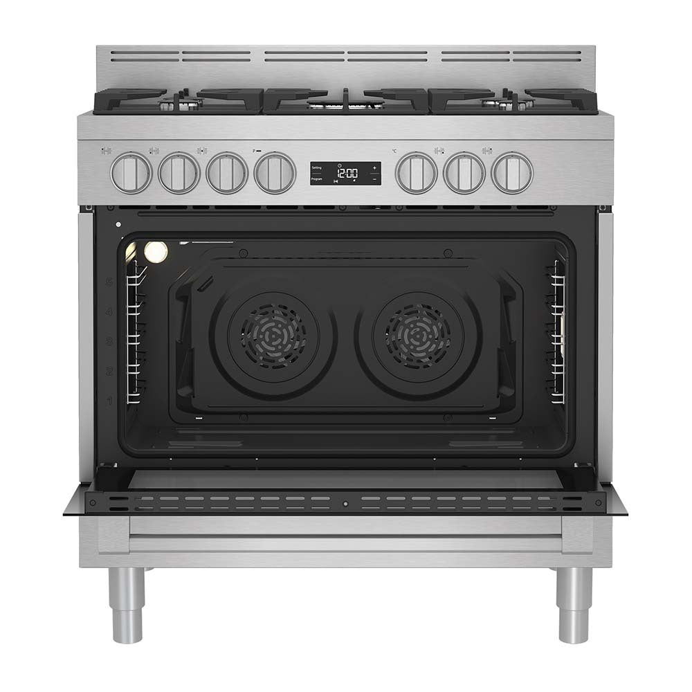 Beko 90cm Freestanding Oven BFC916GMX1, Front view with door open 2