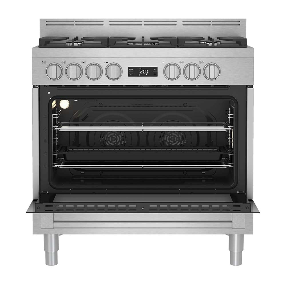 Beko 90cm Freestanding Oven BFC916GMX1, Front view with door open