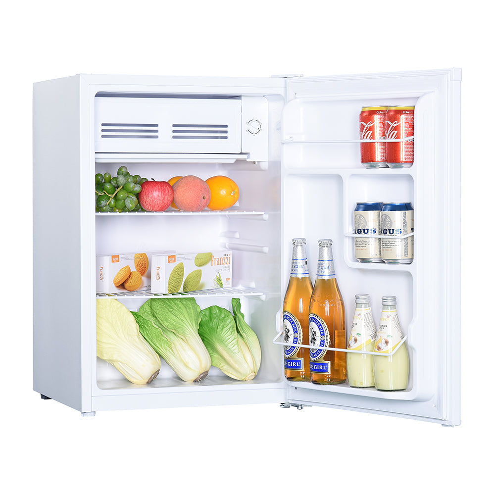 Heller BFH70 70L Mini Bar Fridge White, Front right view with door open, full of food items, and bottles