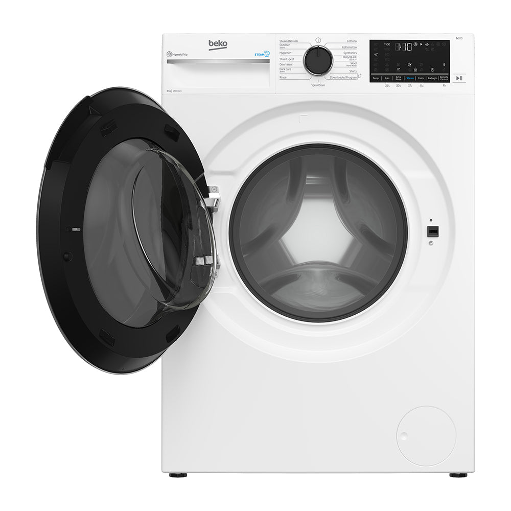 Beko 8kg Front Load Washing Machine with Steam BFLB8020W, Front view with door open