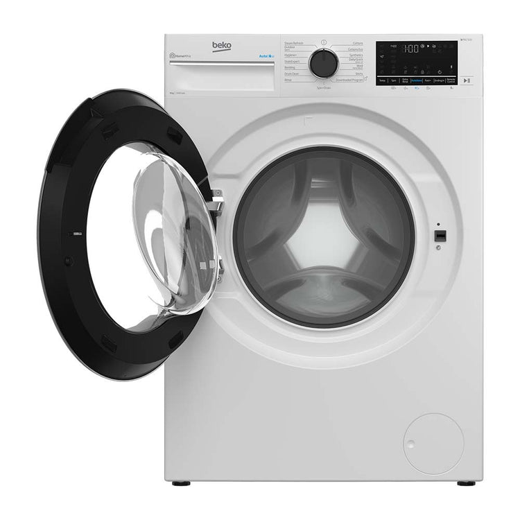 Beko 9kg Front Load Washing Machine with Autodose and Steam BFLB902ADW, Front view with open door