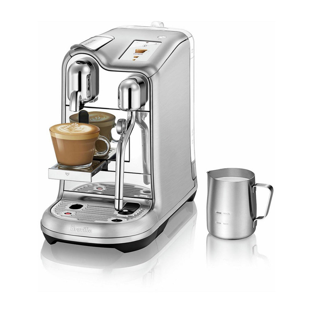 Breville BNE900BSS the Creatista Pro Expresso Machine, Front left view with milk jug