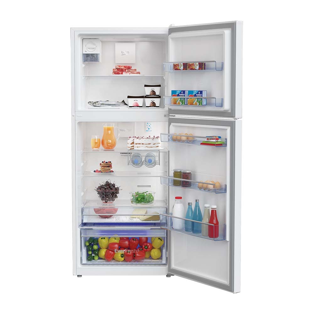 Beko BTM425PX 424L Top Mount Fridge, Front view with doors open, full of food items, and bottles