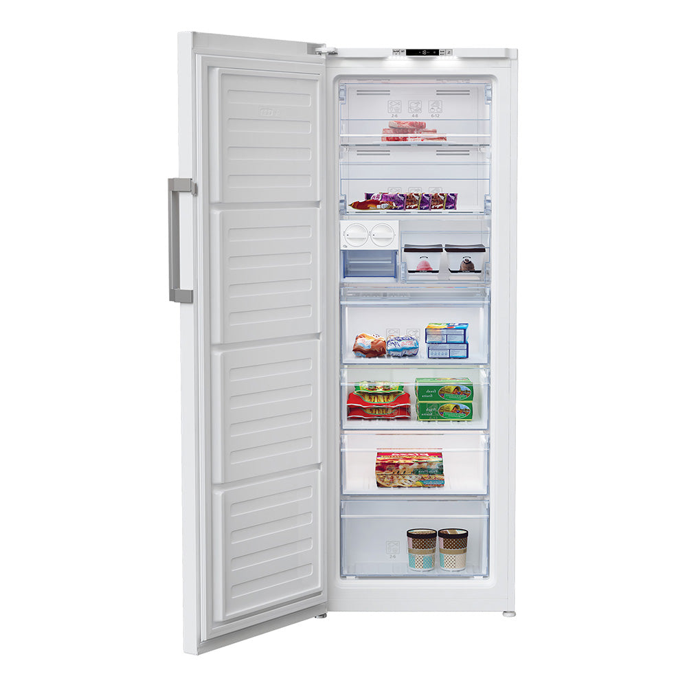 Beko 290L Frost Free Upright Freezer White BVF290W, Front view with door open