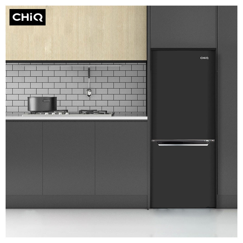 CHiQ CBM280NB3 283L Black Bottom Mount Fridge, Front view in a cabinet