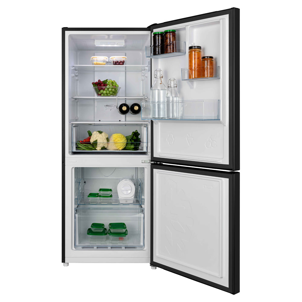 CHiQ CBM280NB3 283L Black Bottom Mount Fridge, Front view with open doors, a view full of food items, and bottles