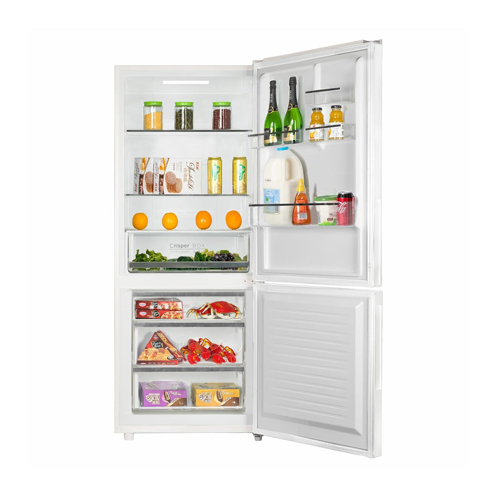 CHiQ 432L Bottom Mount Fridge CBM432W, Fridge front view filled with groceries, food and drinks