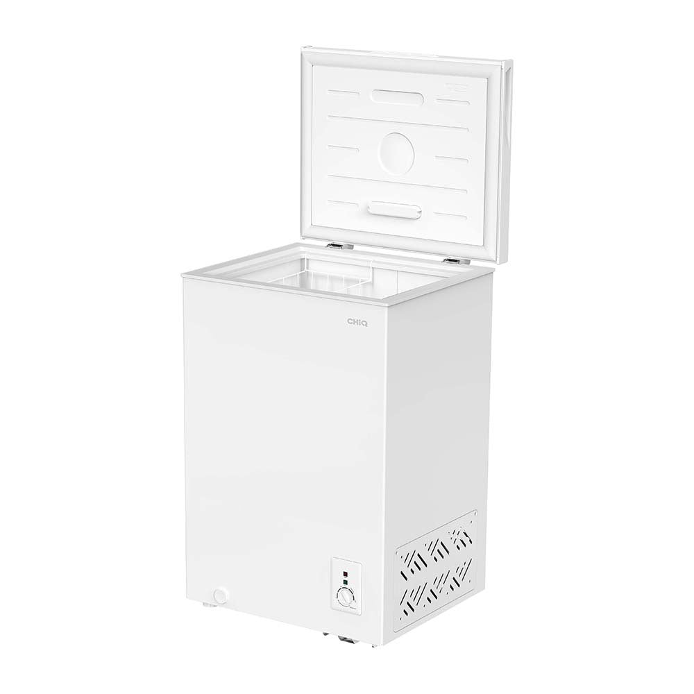 CHiQ 99L Hybrid Chest Freezer CCF099DW, Front left view with top open