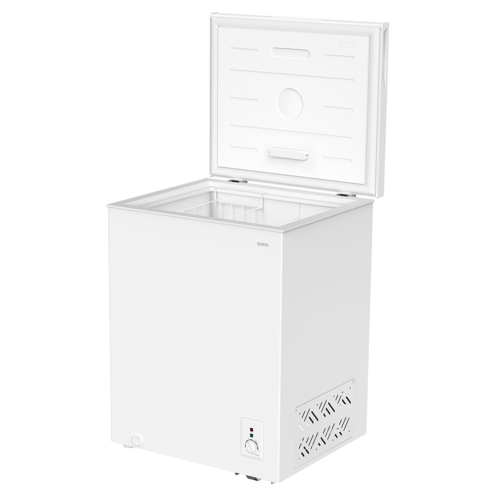 CHiQ CCF142WE 142L Hybrid Chest Freezer, Front left view with door open