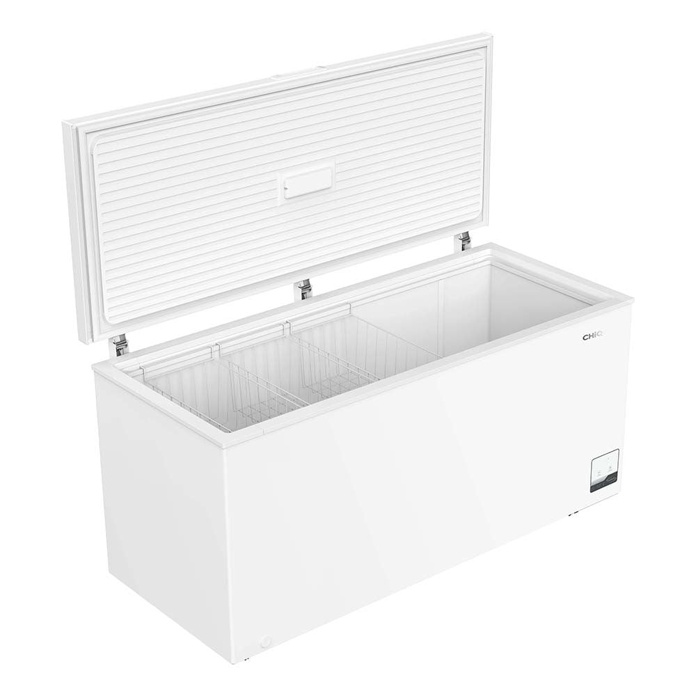 CHiQ CCF500WE 500L Hybrid Chest Freezer White, Front right view with open top