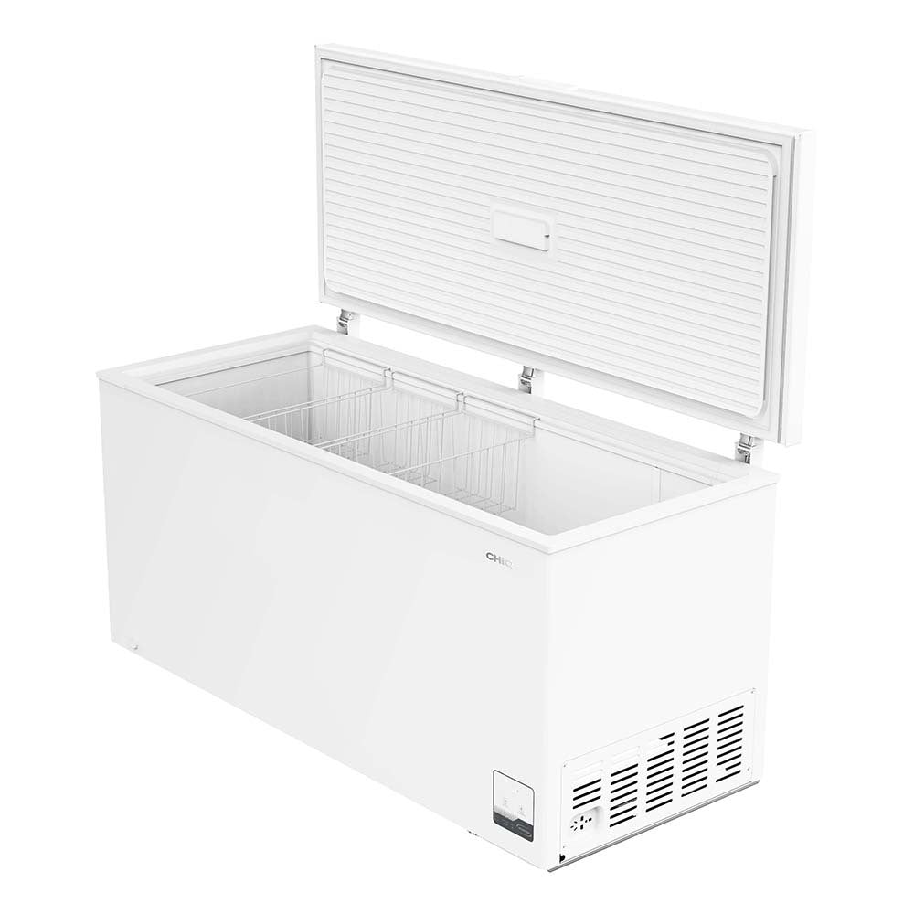 CHiQ CCF500WE 500L Hybrid Chest Freezer White, Front left view with open top