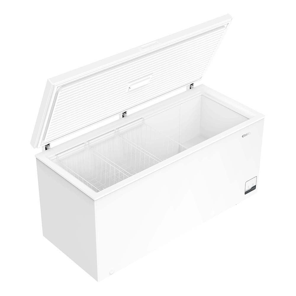 CHiQ CCF500WE 500L Hybrid Chest Freezer White, Front right view with open top 2