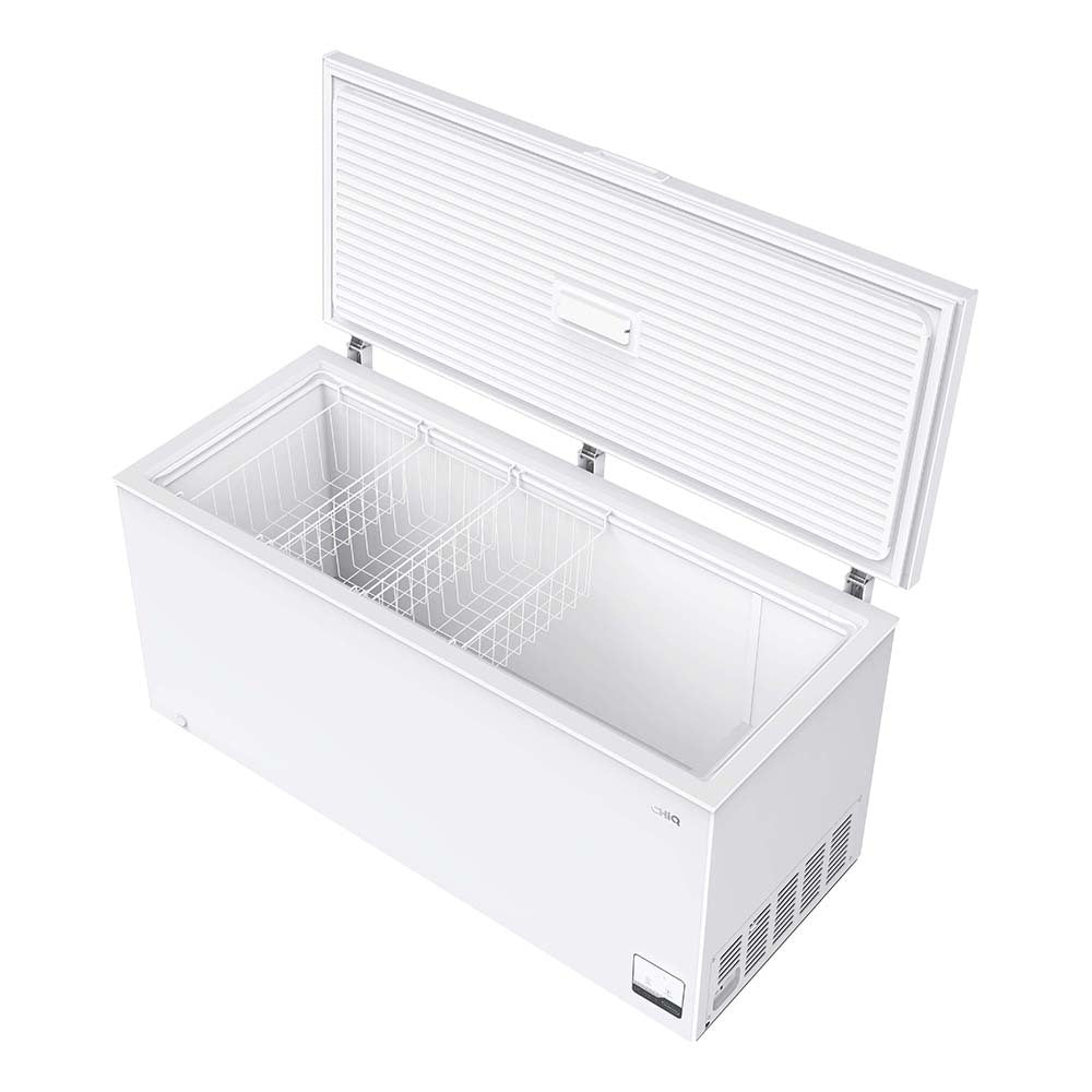 CHiQ CCF500WE 500L Hybrid Chest Freezer White, Front top left view with open top