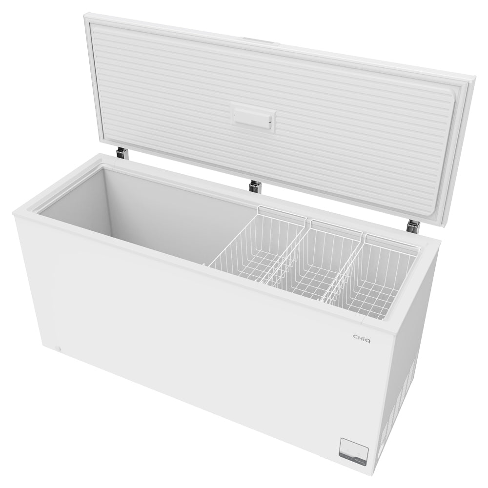 CHiQ CCF700WE 700L Hybrid Chest Freezer, Front top left view with door open