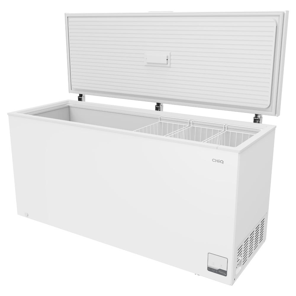 CHiQ CCF700WE 700L Hybrid Chest Freezer, Front left view with door open