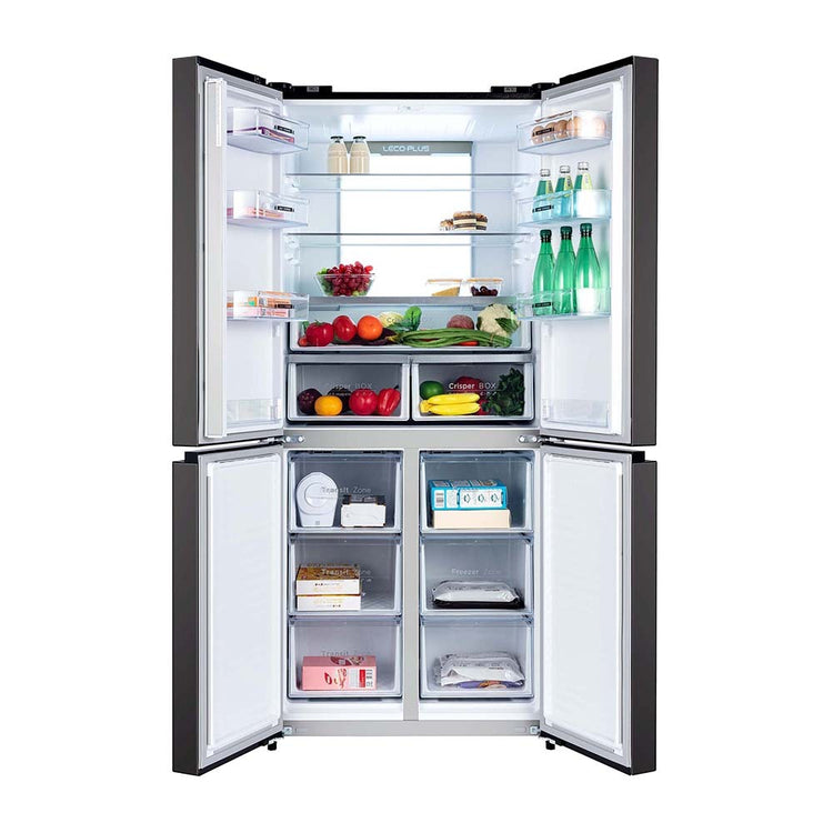 CHiQ CFD501NB 502L French Door Fridge Black, Front view with doors open, full of food items, and bottles