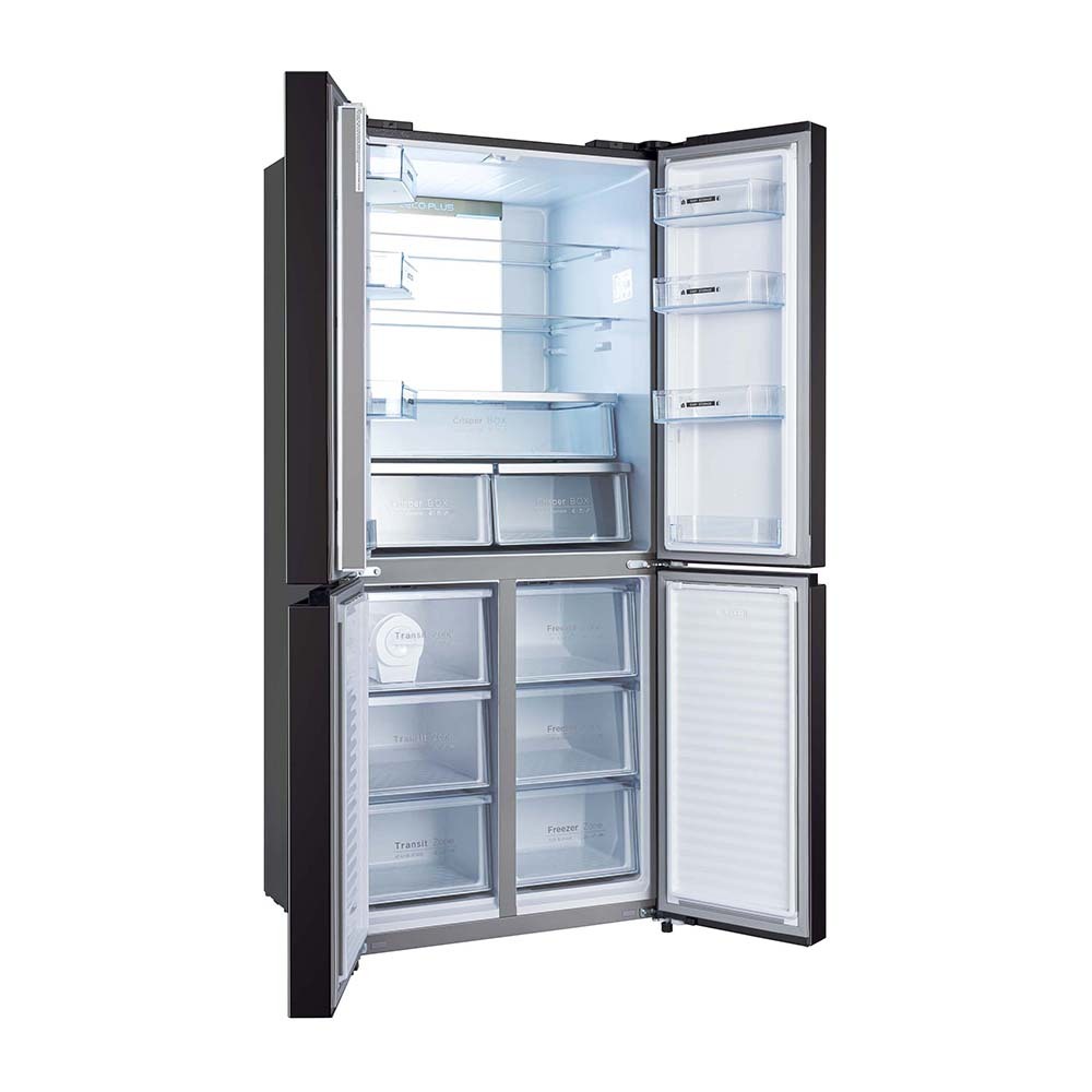 CHiQ CFD501NB 502L French Door Fridge Black, Front right view with doors open
