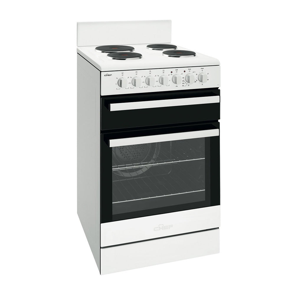 Chef CFE537WB 54cm Upright Freestanding Electric Oven, Front right view