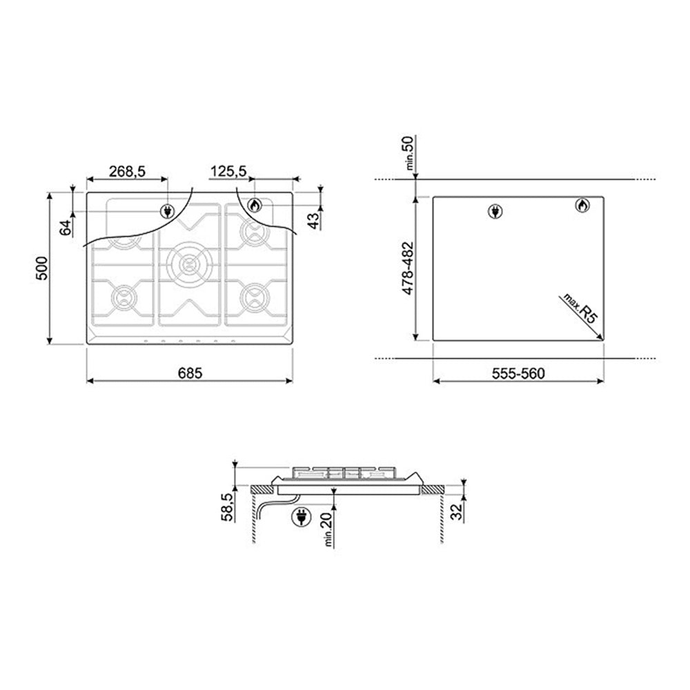 Smeg CIR575XS5 Natural Gas Cooktop, Dimensions