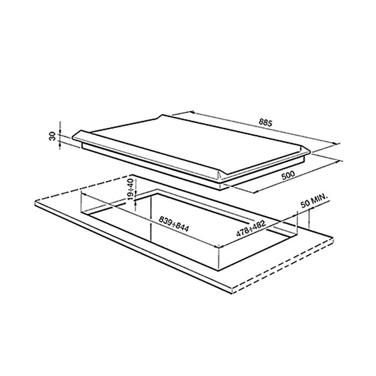 Smeg CIR597X5 90cm Gas Top Mount Cooktop, Top view, Dimensions