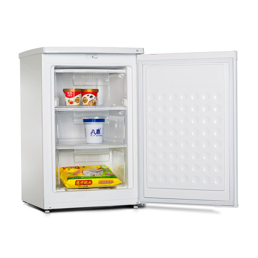 ChiQ 89L Single White Door Upright Full Freezer CSF089WN, Front right view with door open