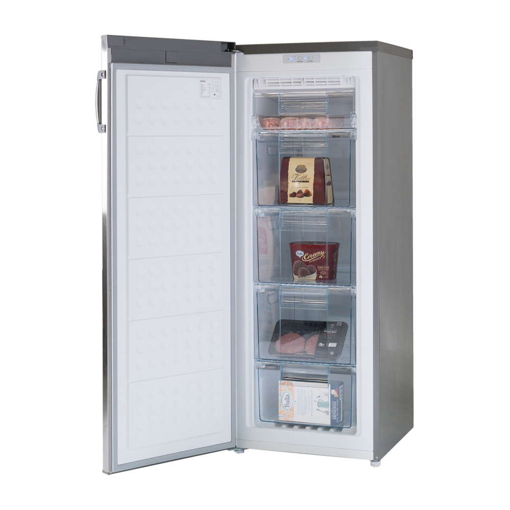 CHiQ CSF184S 185L Upright Freezer, Front left view with open doors, full of food items