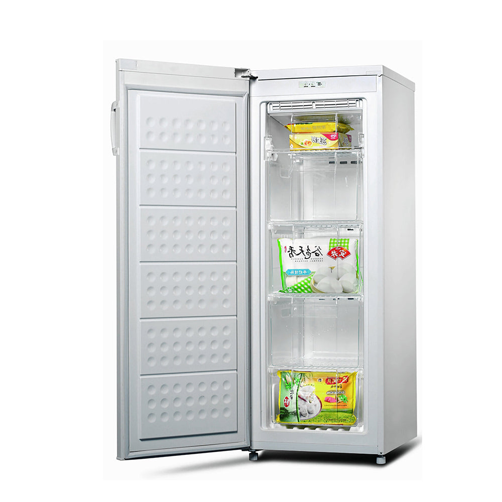 CHiQ CSF185W 185L Upright Freezer, Front left view with open doors, full of food items