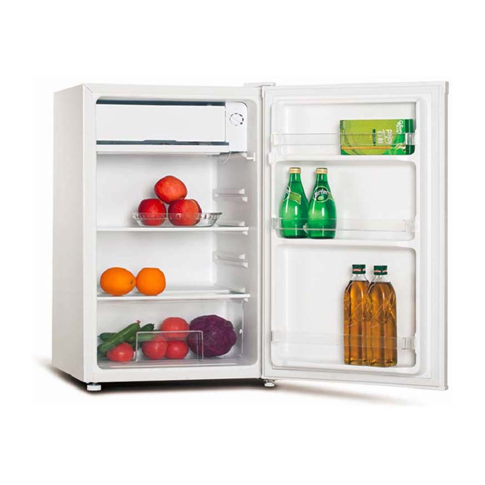 CHiQ CSR090DW 90L Bar Fridge White, Front right view with door open, full of food items and bottles