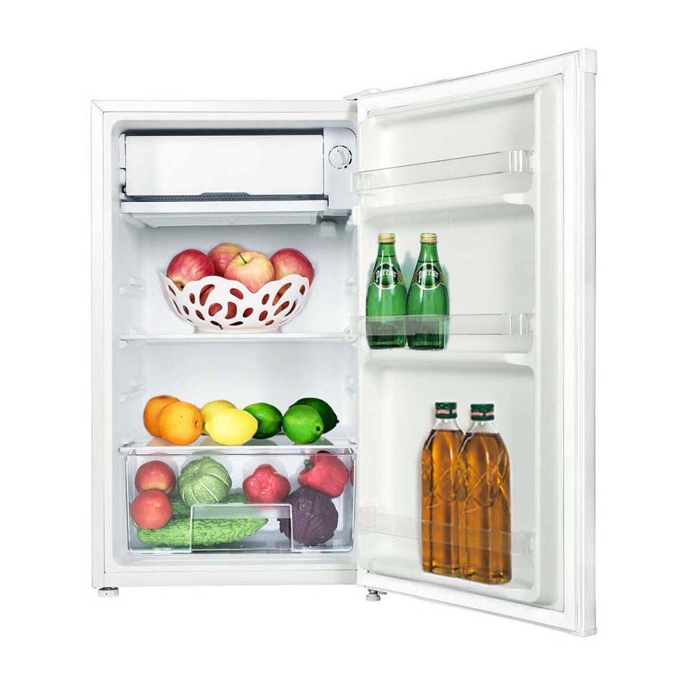 CHiQ CSR090DW 90L Bar Fridge White, Front view with door open, full of food items and bottles