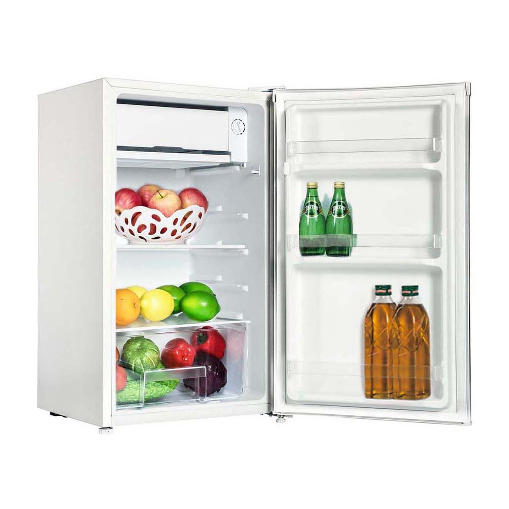 CHiQ CSR090DW 90L Bar Fridge White, Front right view with door open, full of food items and bottles