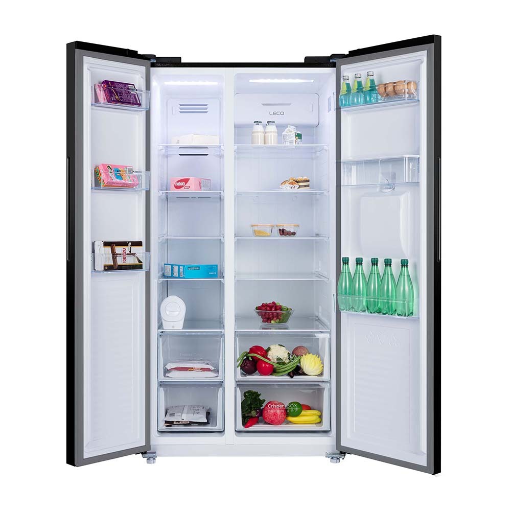 CHiQ 622L Side By Side Fridge Black CSS617NBD, Front view with doors open, full of food items, and bottles