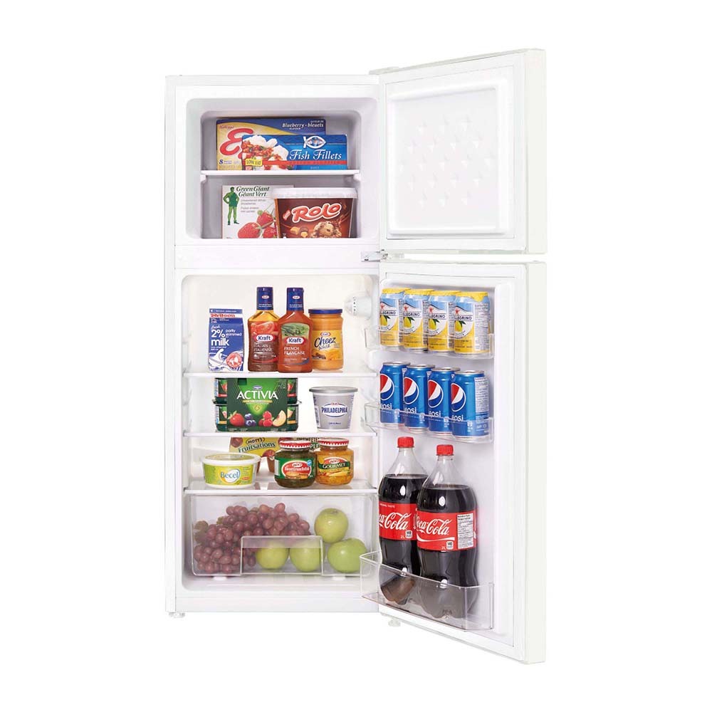 CHiQ CTM118DW 118L Two Door Bar Fridge White, Front view with door open filled groceries, snacks, and drinks