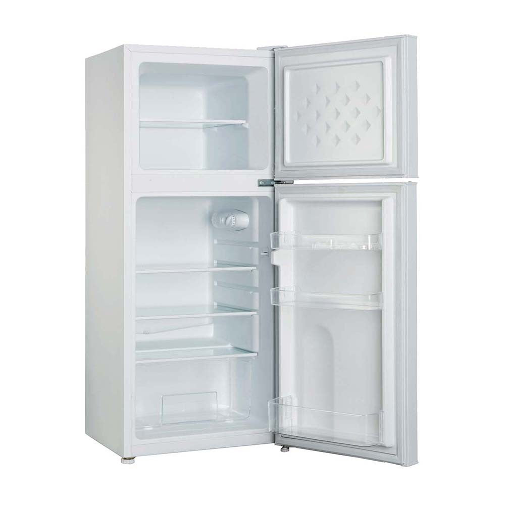 CHiQ CTM118DW 118L Two Door Bar Fridge White, Front right view with door open