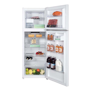 CHiQ 348L Top Mount Fridge White CTM348NW5E, Front view with doors open, full of food items, and bottles