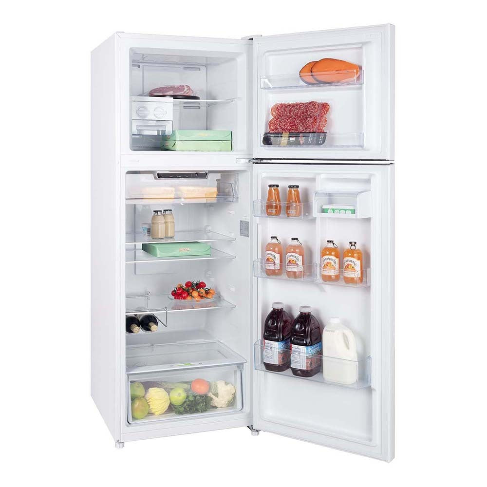 CHiQ 348L Top Mount Fridge White CTM348NW5E, Front right view with doors open, full of food items, and bottles